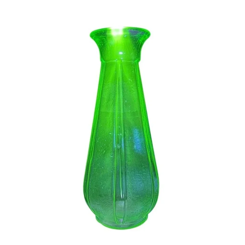 Vintage Green Ribbed Uranium Glass Vase Textured Stippled Art Deco Style Decor